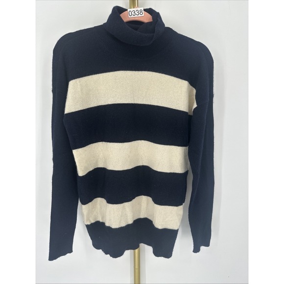 J Crew Women's Cashmere Navy Ivory Turtleneck Small Preppy Nautical Italian - Picture 1 of 4